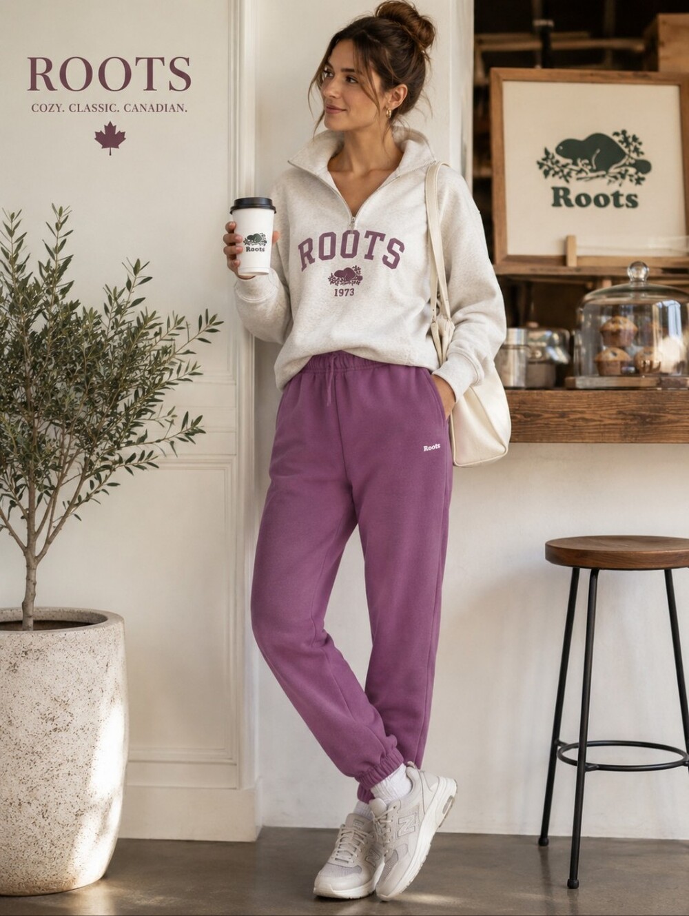 Roots Purple Fleece Jogger Sweatpants Women's Small S Mauve Cotton Blend Lounge